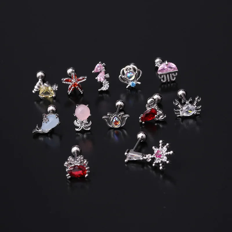 1PC 20G Stainless Steel CZ Ocean Series Cartilage Earrings