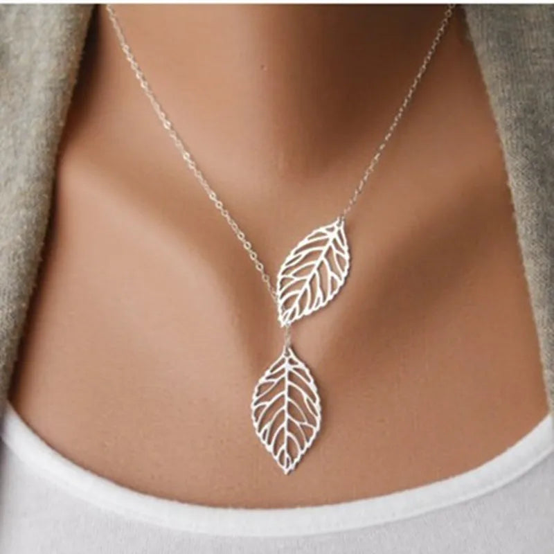 NK607 New Punk Fashion Minimalist Two Leaves Pendant Clavicle Necklace