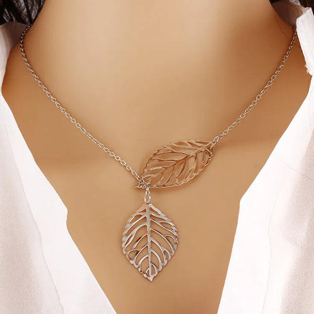 NK607 New Punk Fashion Minimalist Two Leaves Pendant Clavicle Necklace