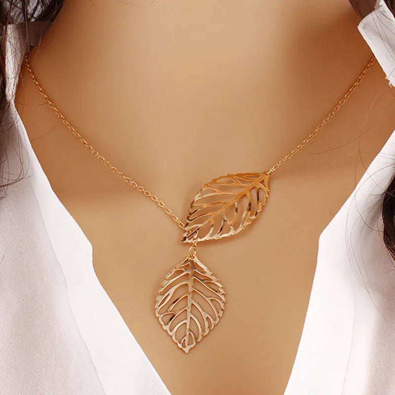 NK607 New Punk Fashion Minimalist Two Leaves Pendant Clavicle Necklace