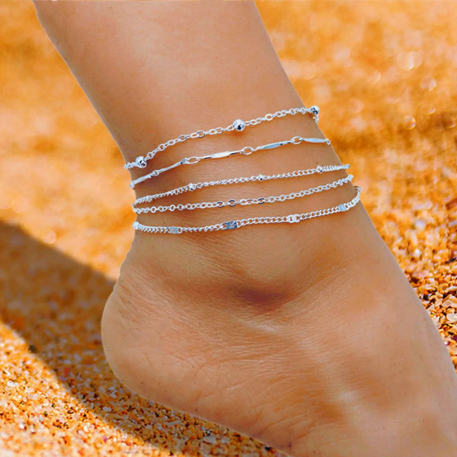 T5Pcs Anklet Multi-layer Bead Chain Set | Pktjewelrygiftshop