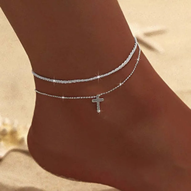 Silver Color Double Layer Shiny Chains Anklets For Women