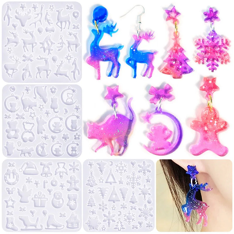 Resin Earring Molds Christmas Tree Snowflake Elk Silicone Jewelry Pendant Mold for DIY Jewelry Earrings Resin Art Craft Keychain