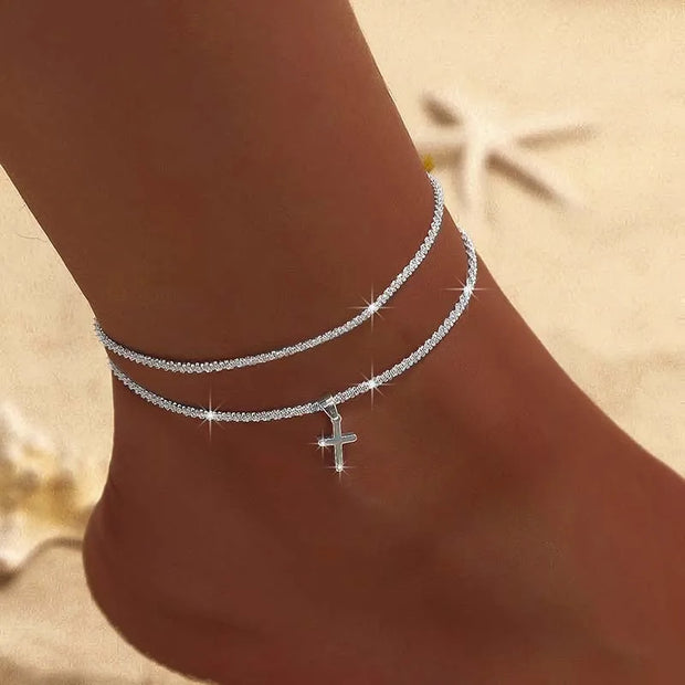 Silver Color Double Layer Shiny Chains Anklets For Women