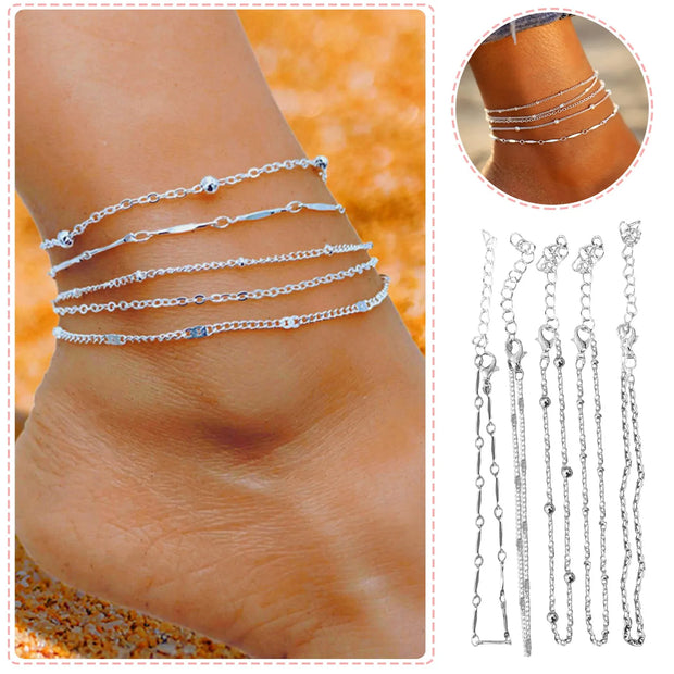 T5Pcs Anklet Multi-layer Bead Chain Set | Pktjewelrygiftshop