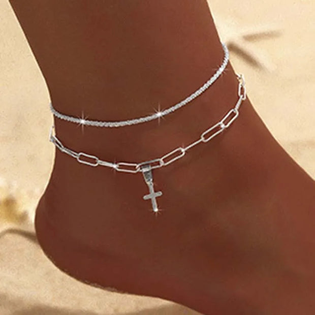 Silver Color Double Layer Shiny Chains Anklets For Women